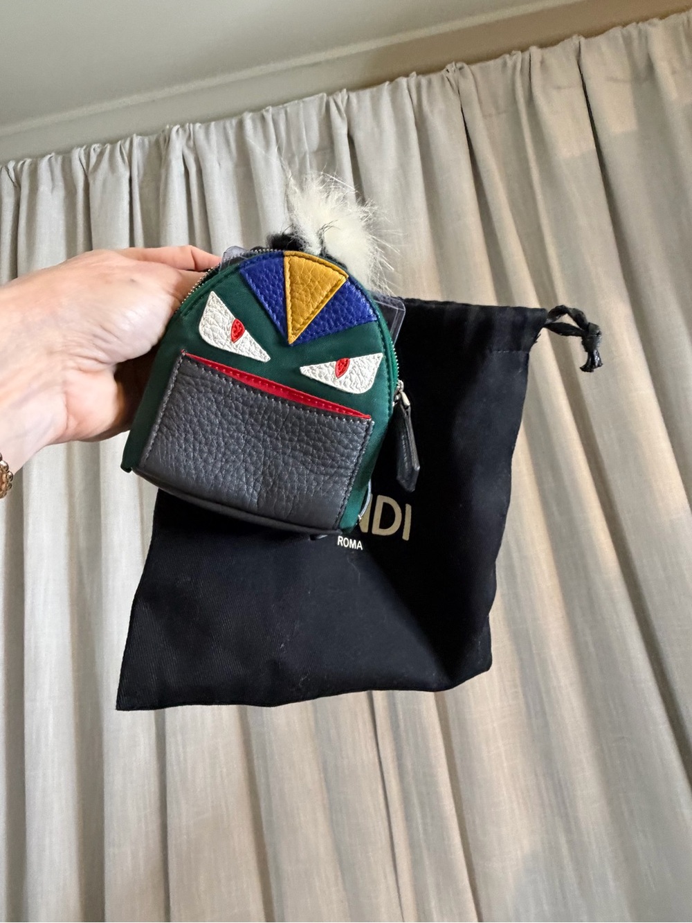Fendi Monster Leather and Fur Mini Backpack bag charm key holder EUC